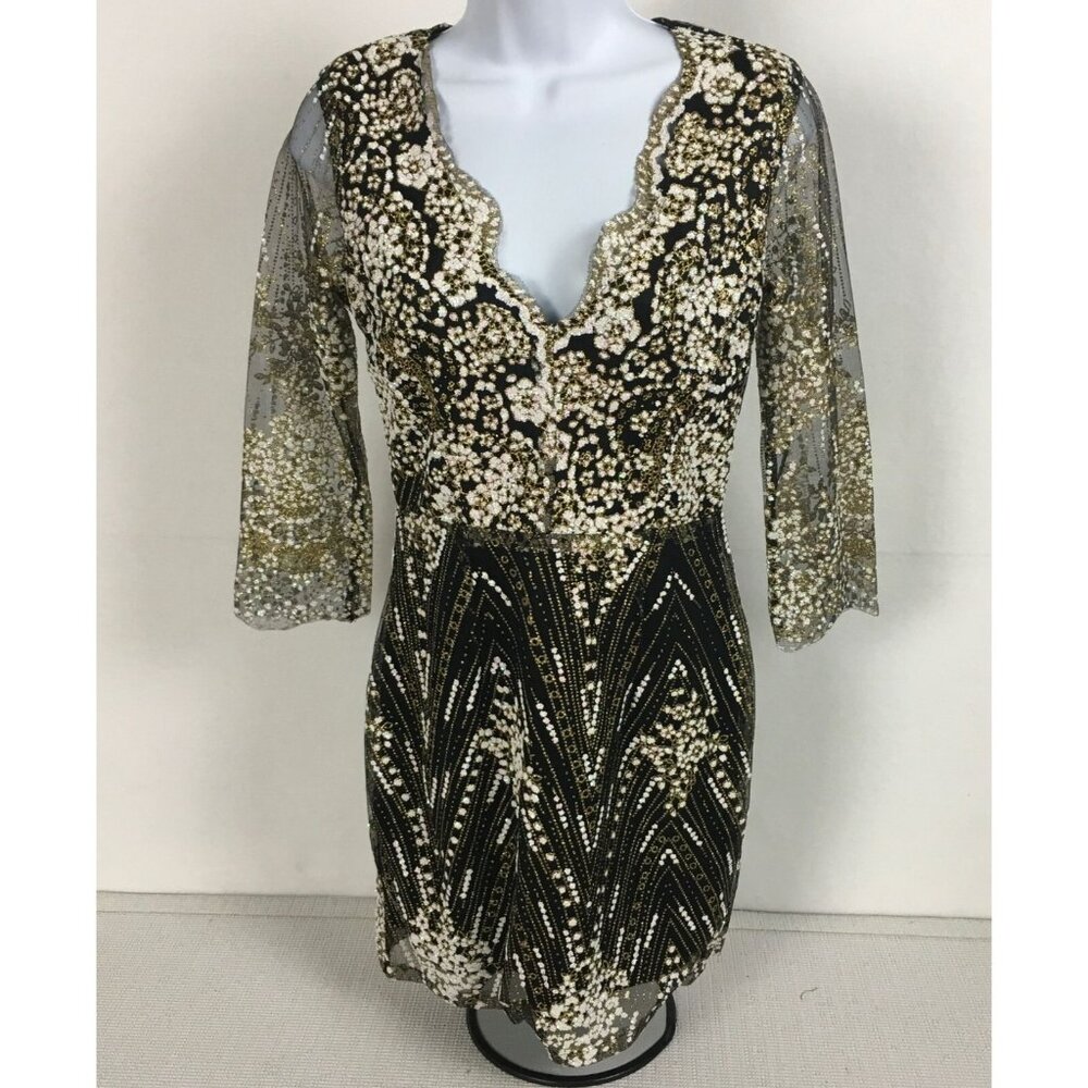 Luxxel Dress Size S Scalloped V neck Black Gold White Sequins Glitter New Lined